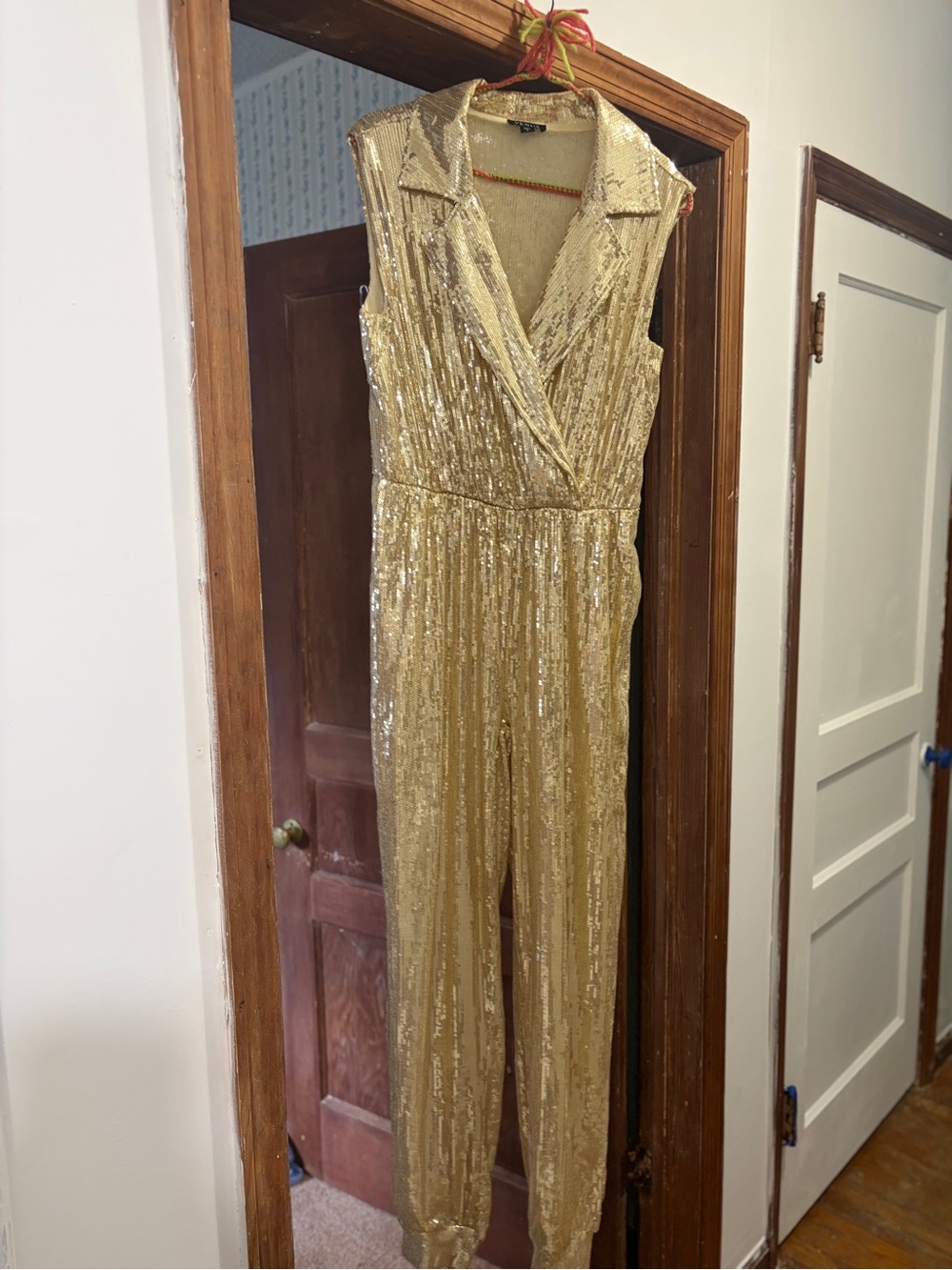 VENUS Gold Sequin Lapel Wrap Jumpsuit Small - Hoco Holiday Formal Like New - Picture 2 of 10